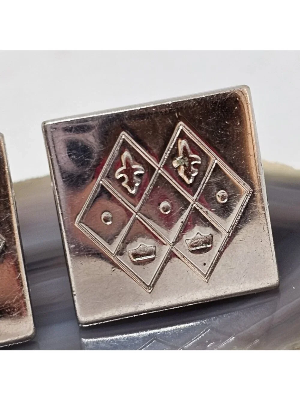 Vintage Swank Silver Tone Fleur De Lis Crown Square Cufflinks Men's Jewelry